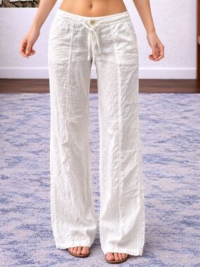 Lord & Taylor Wide Leg Mid Rise White Linen Pants